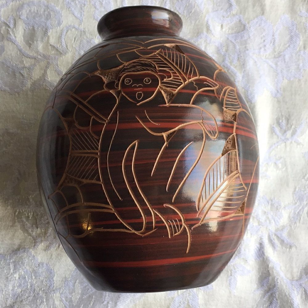 Handcrafted Costa Rican Vase 5 1/2” tall X 4 1/2" wide Carved Monkey, Bird